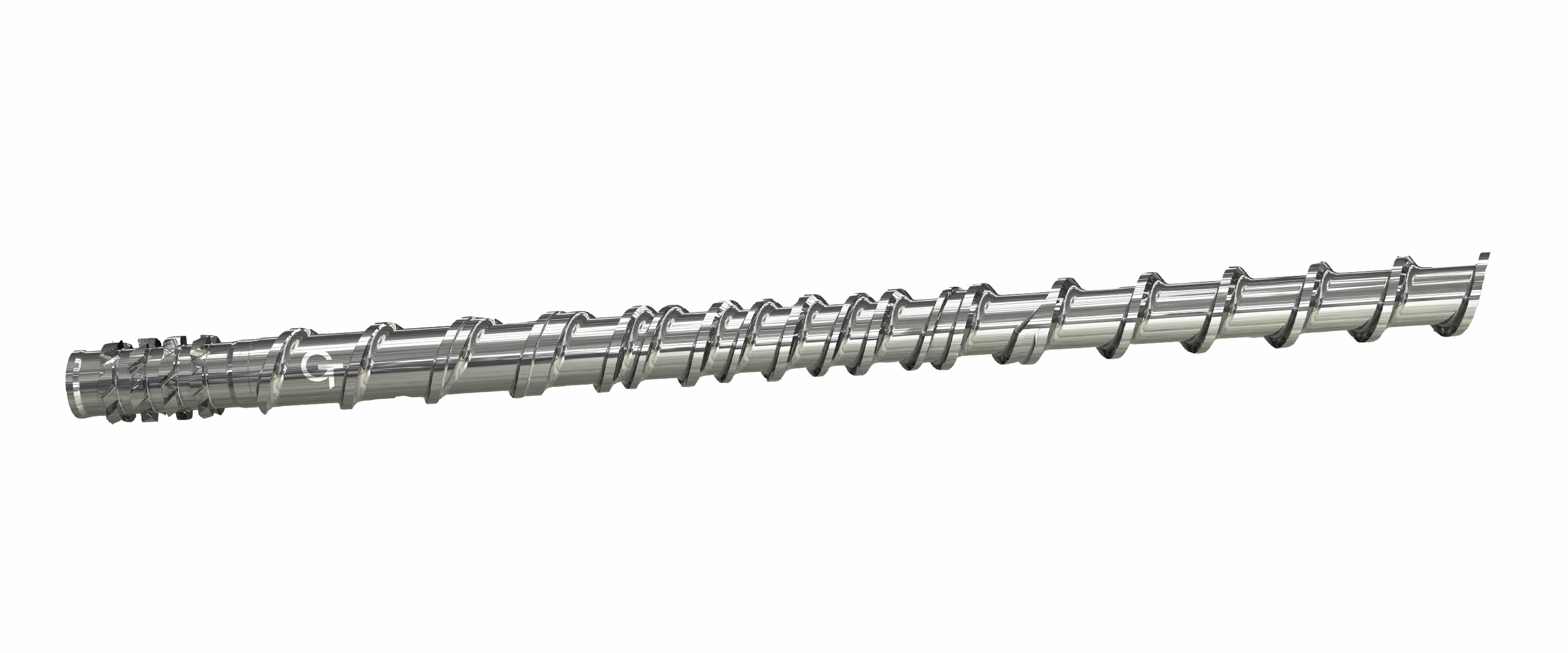 The barrier screw, combined with a diamond mixing element, homogenises and blends the molten material with a performance increase up to 25 %.